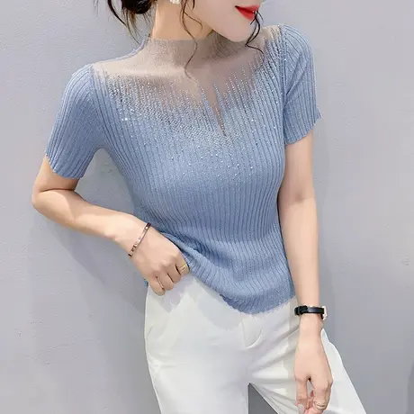 2024夏季新款网纱拼接短袖T恤女紧身性感镂空针织衫洋气百搭上衣商品大图