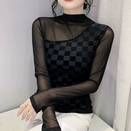 性感网纱拼接长袖T恤女秋季黑色半高领打底衫时尚钉珠气质上衣ins图片