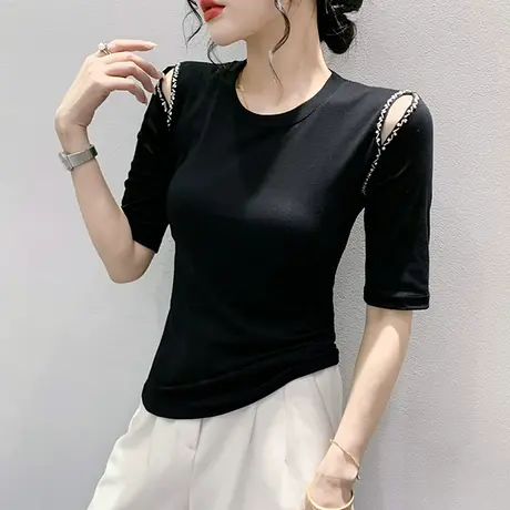 欧货性感露肩上衣女夏季个性网红五分袖T恤洋气百搭修身丅恤小衫图片