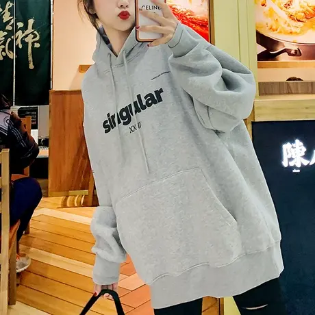 灰色卫衣女秋冬2024年新款宽松中长款遮屁股连帽加绒上衣加厚外套商品大图