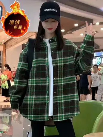 2023秋冬季新款加绒加厚衬衫宽松休闲复古百搭显瘦格子衬衣外套女商品大图