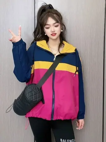 2023新款拼色春秋季衣服女外套女百搭韩版风衣宽松连帽夹克装短款商品大图