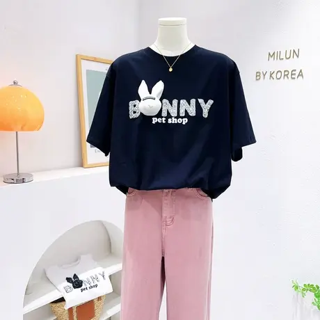 设计感重工镶钻立体兔子短袖上衣~2023夏季韩版字母宽松T恤欧货潮图片