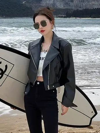 短款皮衣外套女洋气时尚气质2023年春秋新款高级感机车皮夹克上衣商品大图