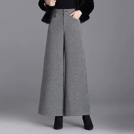格子毛呢阔腿裤女高腰显瘦简约百搭宽松大码直筒长裤2023秋冬新款商品大图