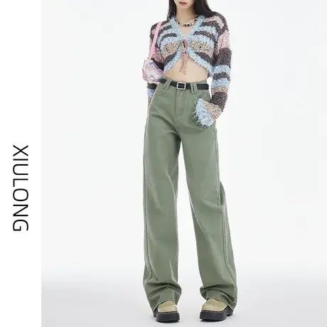 军绿色休闲牛仔裤女春秋2023年新款显瘦直筒宽松高腰阔腿拖地裤子图片