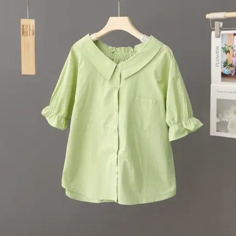 法式娃娃领洋气黄色衬衫女小众设计感纯棉别致上衣小个子衬衣短袖商品大图