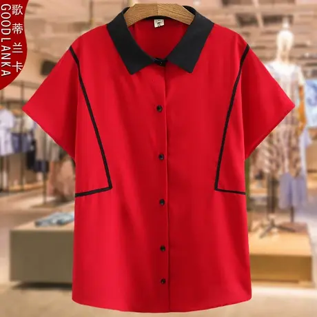 气质胖妈妈夏季雪纺短袖衬衫200斤洋气时尚中年加肥加大红色衬衣商品大图