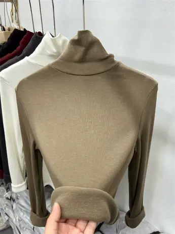 欧货半高领针织衫女2023秋冬季修身T恤羊绒简约加薄绒打底衫上衣图片