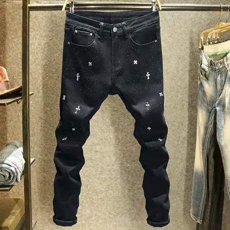 黑色十字架烫钻牛仔裤男款2024新款春季高端镶钻修身显瘦弹力裤子商品大图