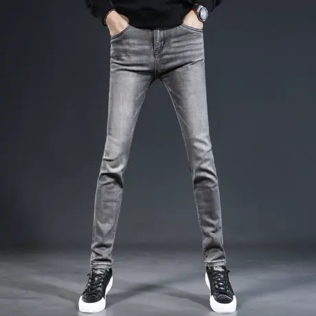 高级加绒牛仔裤男秋季2023新款潮牌修身小脚灰色弹力男士休闲裤子商品大图