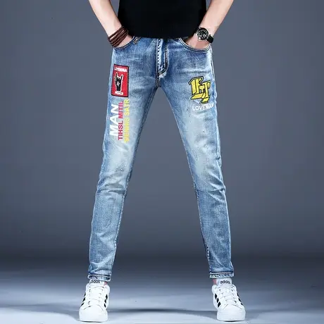 男士高端潮牌印花牛仔裤男款秋冬季弹力潮流裤子修身小脚2023新款商品大图