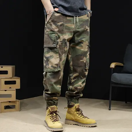 美式复古迷彩工装裤男春秋束脚潮牌大码男裤2024新款工装裤子男士商品大图