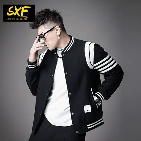 SXF圣希梵棒球服男 秋冬新款美式条纹羊毛呢夹克飞行男士外套潮牌商品大图