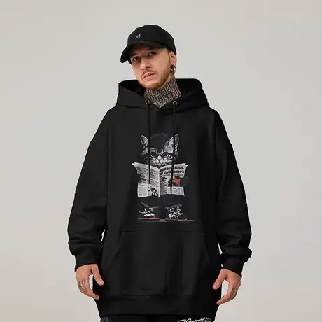 加肥加大韩版潮流星空小猫印花情侣大码休闲打底无性别连帽卫衣男商品大图