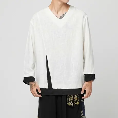 秋季中国风长袖T恤男休闲宽松加肥大码假两件亚麻复古上衣打底衫图片