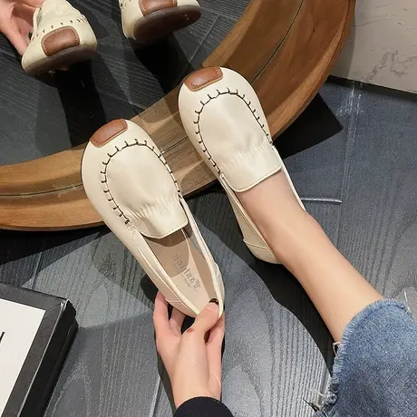 女鞋2024新款夏季透气一脚蹬平底豆豆单鞋妈妈软底软面休闲小皮鞋商品大图