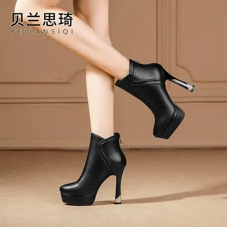 真皮圆头厚底超高跟短靴女2023秋冬季新款防水台高跟时装靴及踝靴图片