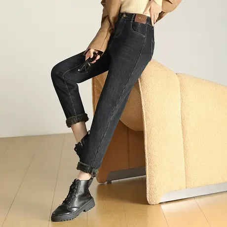 时尚加绒哈伦牛仔裤女秋冬2023新款显瘦九分小脚裤加厚休闲老爹裤商品大图