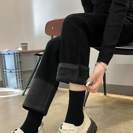 黑色加绒牛仔裤女冬季2023年新款宽松直筒烟管法棍小个子拼接裤子商品大图