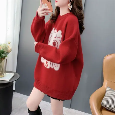 本命年新年红色卡通圆领毛衣女套头2023新款秋冬宽松洋气减龄上衣商品大图