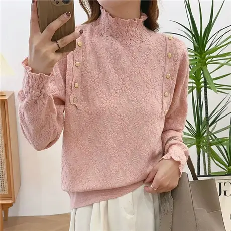 气质提花蕾丝打底衫女2023秋冬新款时髦半高领洋气今年流行上衣商品大图