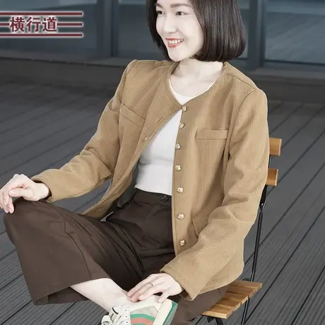 2024春季新款简约纯色圆领排扣加绒灯芯绒外套女装大码上衣服外穿商品大图