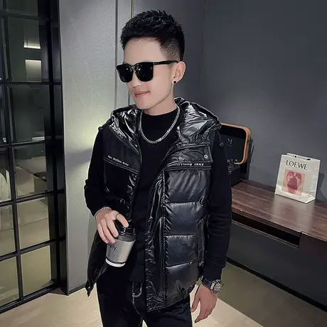 冬季男士马甲坎肩背心外套马夹无袖拼接潮牌个性潮流亮面保暖加厚商品大图