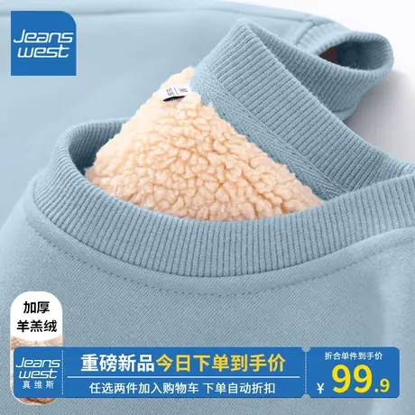 KV真维斯羊羔绒卫衣女2024新款秋冬季独特好看雾霾蓝圆领上衣简约商品大图