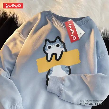 悦游 胶带猫 橘猫美短黑猫治愈圆领加绒套头卫衣男小众设计感图片