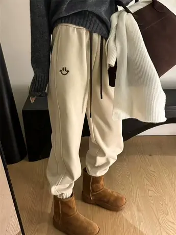 笑脸刺绣加绒卫裤女欧洲站冬装2024新款欧货女装时尚洋气休闲裤潮商品大图