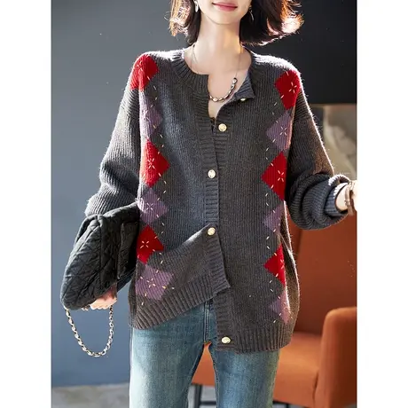 宝诗黎圆领提花宽松毛衣开衫女2024春季新款设计感慵懒针织外套商品大图