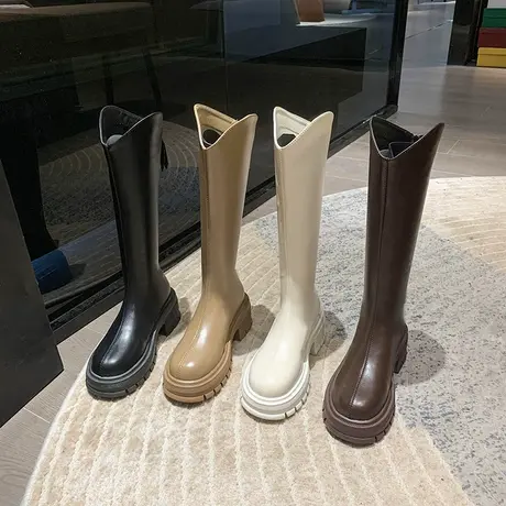 大筒围裤管靴白色靴子女长筒靴粗腿2024年新款春秋小个子显瘦长靴图片