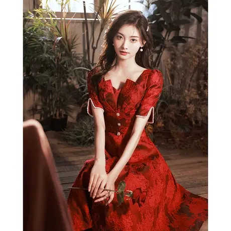 高端敬酒服新娘夏季酒红色结婚订婚回门礼服连衣裙女蕾丝钉珠仙气商品大图