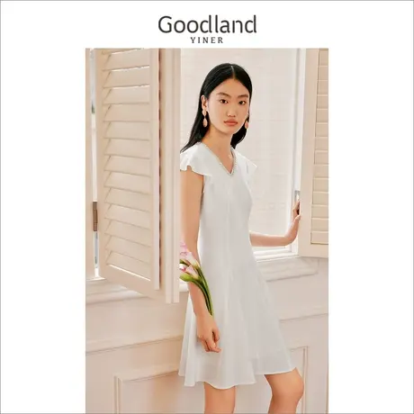 【醋酸系列】Goodland美地女装2023夏季V领木耳花边连衣裙商品大图