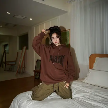 YEP字母印花美拉德连帽卫衣女2024年春季新款复古宽松情侣装外套图片