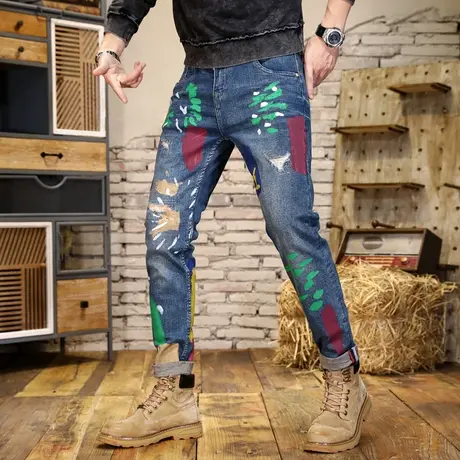 潮流印花大码牛仔裤高档潮牌牛仔裤男款水洗美式高街牛仔裤休闲男商品大图