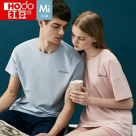 红豆女士睡衣情侣夏季男士套头薄可外穿短袖短裤棉质家居服套装商品大图