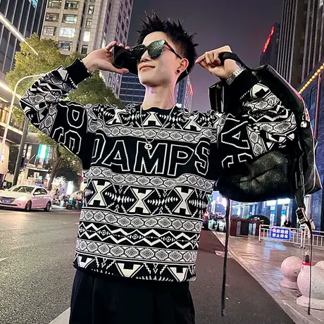 卫衣男春季新款轻熟潮流复古满印民族风宽松上衣时尚圆领T恤长袖商品大图