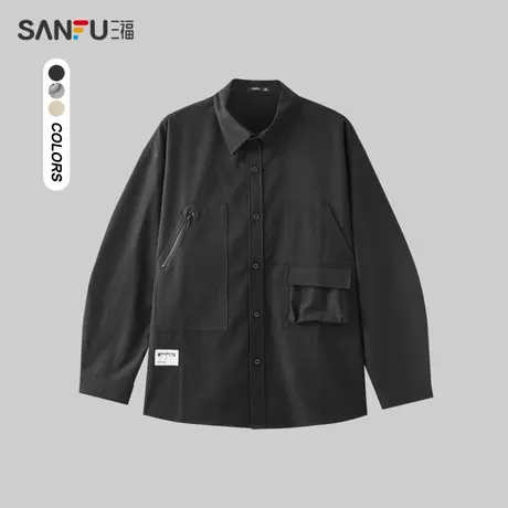 三福2024春季男士梯形双袋工装长衬衫 时尚户外翻领上衣482384商品大图