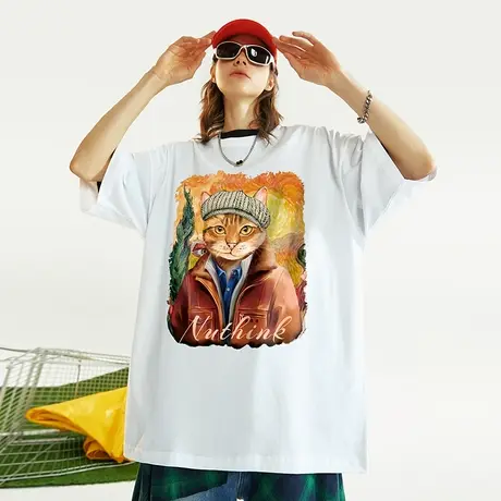Nuthink美式宽松潮流油画猫咪短袖T恤男潮牌国潮加肥加大男款上衣商品大图