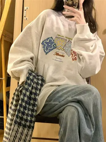 灰色卫衣女春秋季薄款小个子宽松美式复古慵懒风oversize无帽上衣商品大图