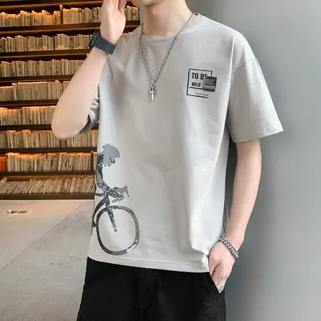 2023夏季新款男士短袖t恤宽松纯棉白上衣服圆领男装半袖潮流体恤商品大图