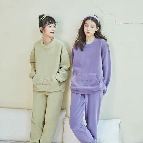 2022年新款家居服女套装可外穿出门冬季加厚珊瑚绒法兰绒休闲睡衣商品大图