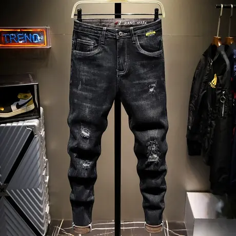 春夏款破洞潮牌牛仔裤男修身小脚男士长裤子男日系复古高端夏季款商品大图