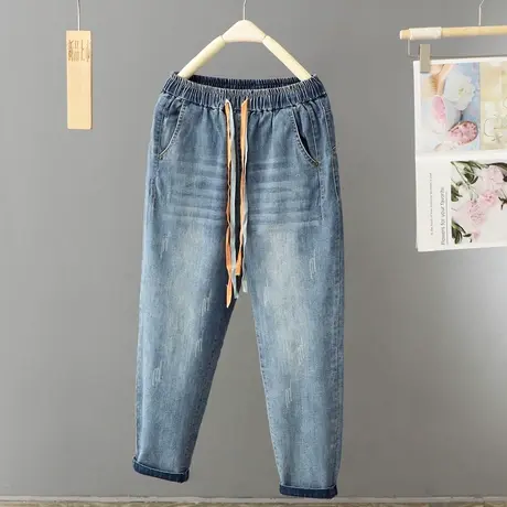 大码松紧腰高腰牛仔裤女春季新款梨形身材宽松显瘦九分哈伦老爹裤商品大图