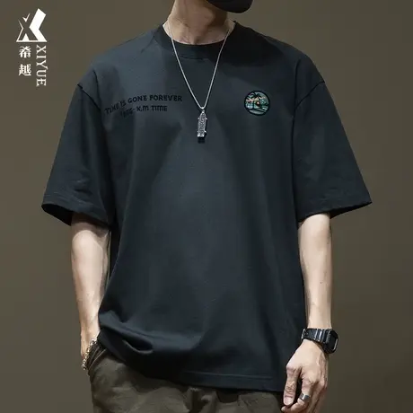 希越美式高街风纯棉T恤男2024新款印花圆领短袖ins胖子大码打底衫商品大图