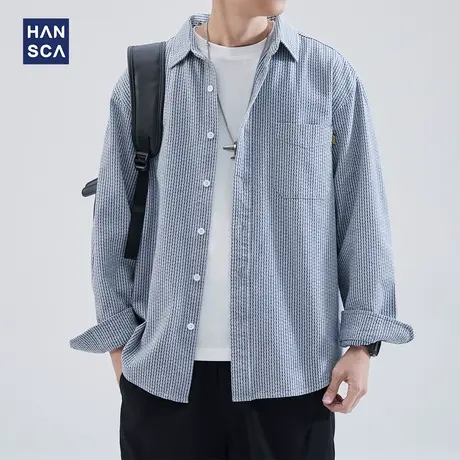 hansca日系蓝色条纹衬衫男长袖春季高级感痞帅复古休闲大码外套潮商品大图