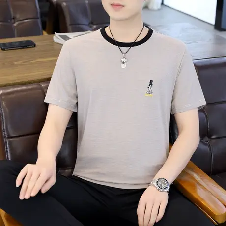 2023夏季新款男士冰丝棉短袖T恤经典细条纹夏季男装绣花上衣服潮图片