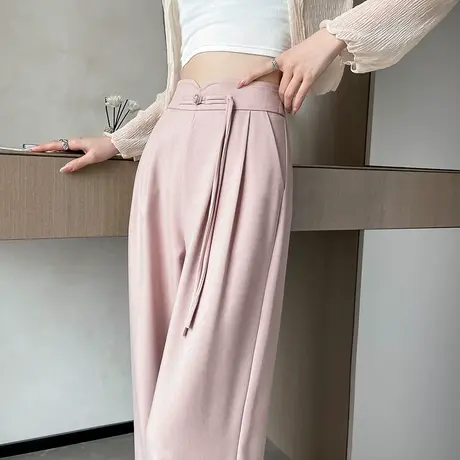 新中式西装裤女春夏2024新款高级感垂坠感高腰黑色国风盘扣阔腿裤商品大图